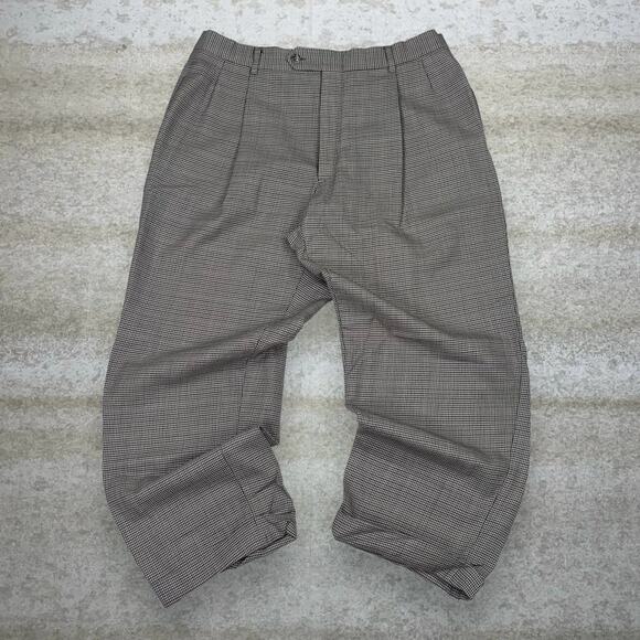 Jos A Bank Dress Pants Tan Houndstooth 100% Wool Baggy Wide Leg Pleated Front - Picture 2 of 4